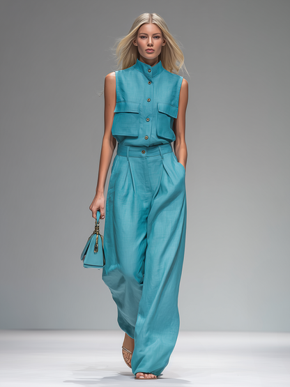 Retro-style Stand-up Collar Sleeveless And Linen-style Trousers Set