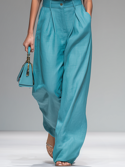 Retro-style Stand-up Collar Sleeveless And Linen-style Trousers Set