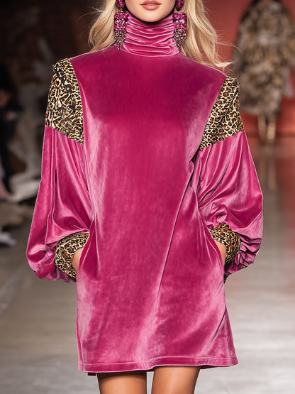 Stylish And Casual High-neck Pink Patchwork Leopard Print Velvet Mini Dress