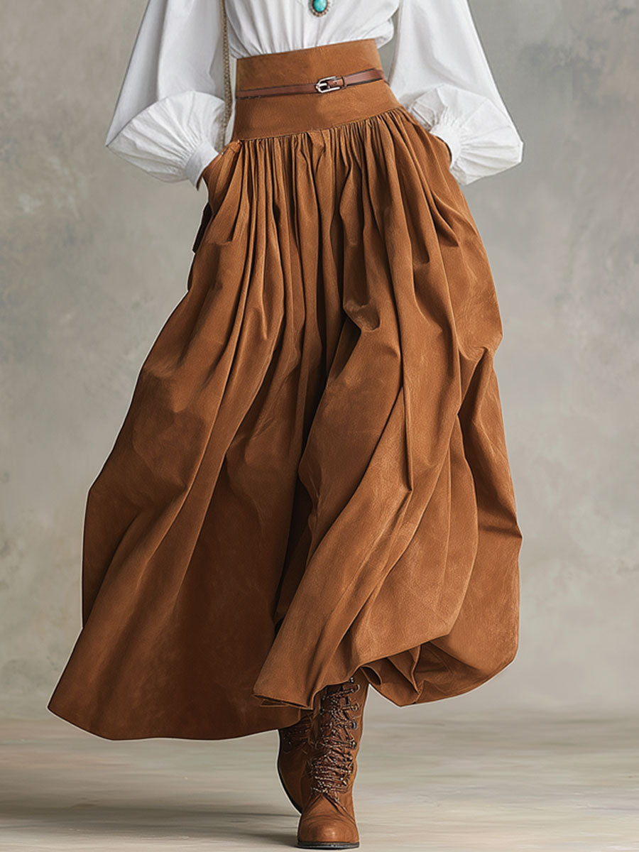 Retro-style Faux Suede High-waisted Pleated Midi Skirt