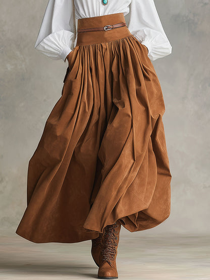 Retro-style Faux Suede High-waisted Pleated Midi Skirt