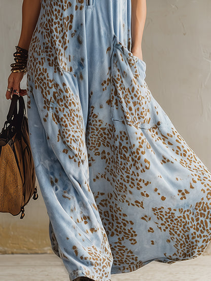 Stylish Urban Leopard Print Sky Blue Velvet Hooded Maxi Dress