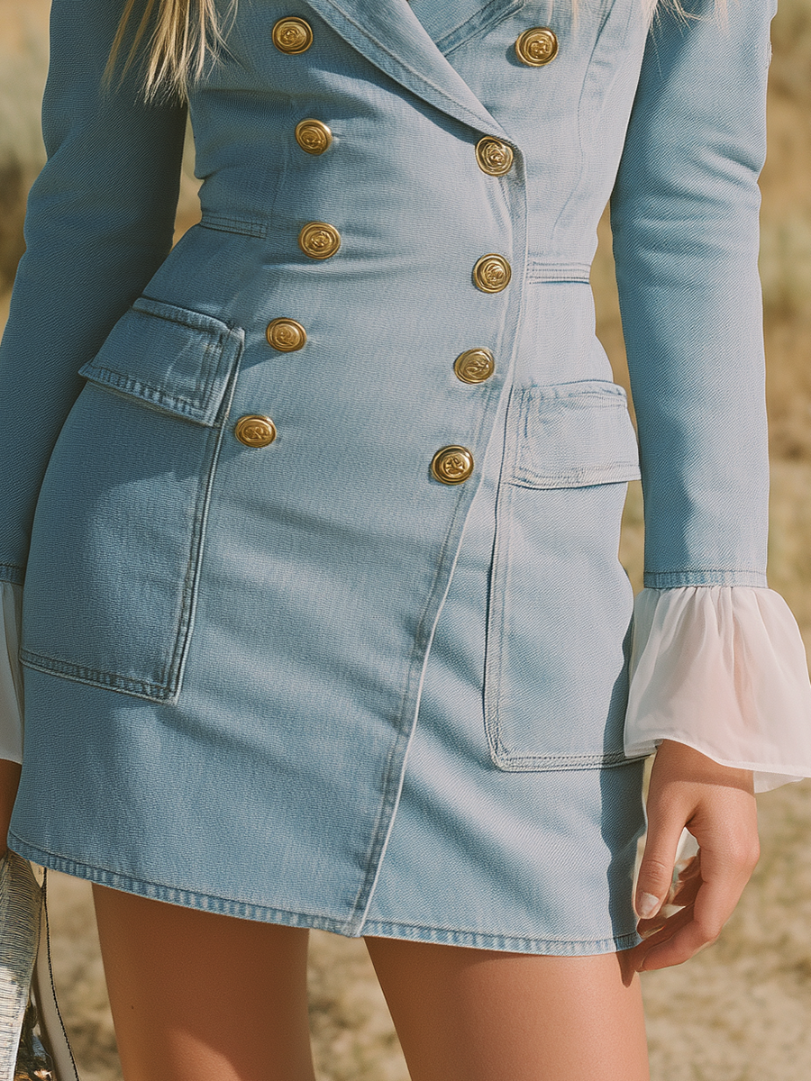 Retro Lapel Double-breasted Denim Mini Dress