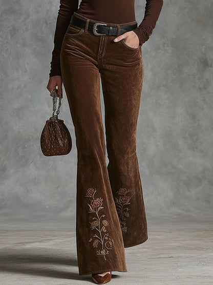 Western-style Floral Embroidered Pocket Flared Pants