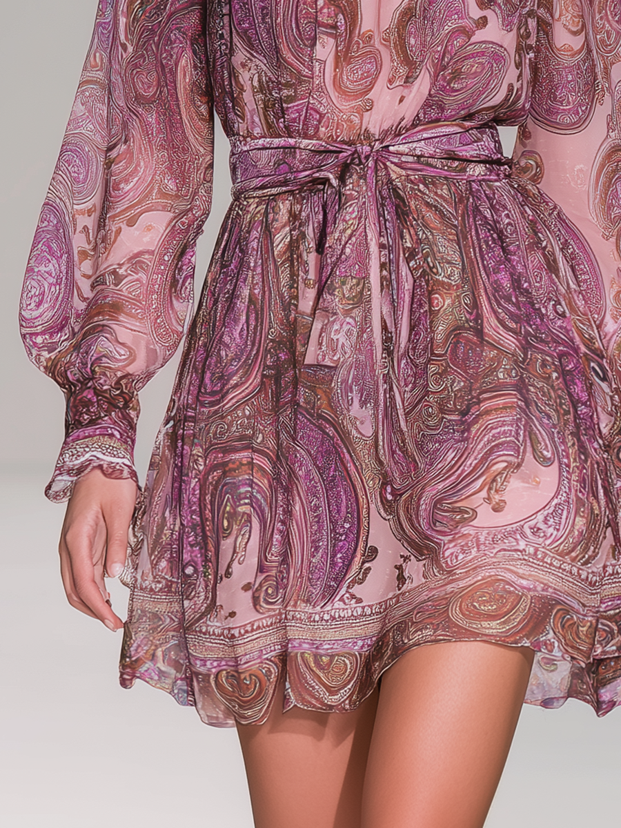 Retro Bohemian Style Paisley Print Chiffon Mini Dress