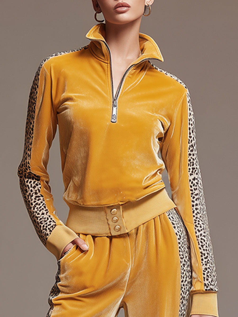 Casual Sporty Retro Leopard Print Trim Yellow Velvet Sweatshirt Wide-Leg Pants Set