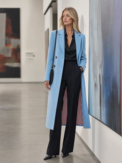 Elegant Classic Lapel Double-breasted Style With Striped Lining Mid-to-long Tweed Coat