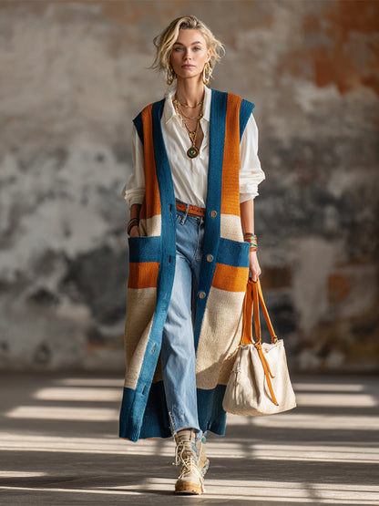 Stylish And Versatile Color-blocked Striped Knit Cardigan Vest
