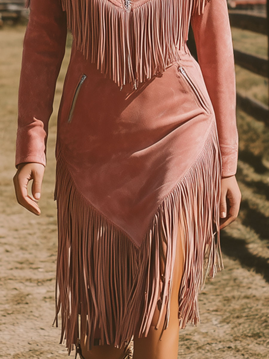 Western Retro Long-Sleeved Pink Faux Suede Tassel Zipper Midi Dress