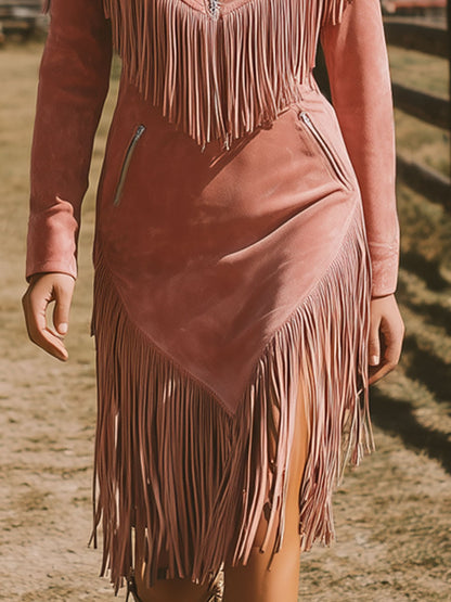 Western Retro Long-Sleeved Pink Faux Suede Tassel Zipper Midi Dress