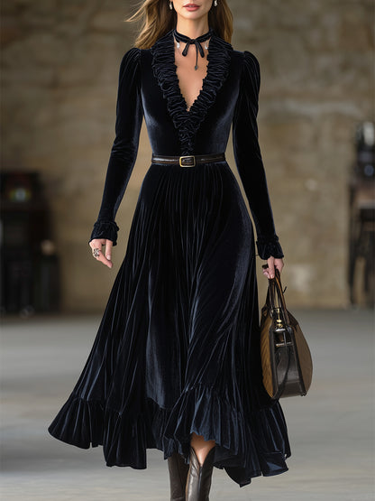Stylish Black Velvet V-neck Ruffled Maxi Dress With Belt
