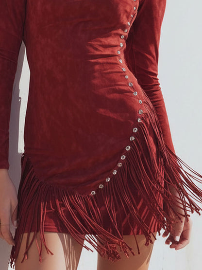 Round Neck Studded Tassel Faux Suede Long-sleeved Mini Dress