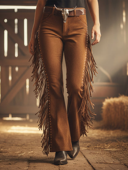 Western-style Brown Faux Suede Patchwork Tassel Studded Flared Trousers
