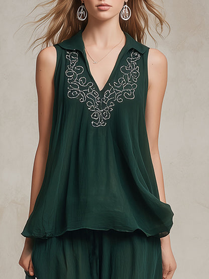 Fashionable And Casual Retro Embroidered Green Sleeveless Chiffon Top And Pants Set