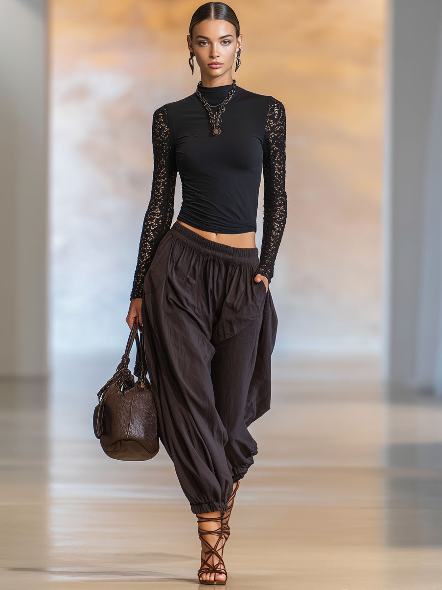 High-neck Lace-trimmed Cotton Long-sleeved T-shirt And Loose Wide-leg Pants Set