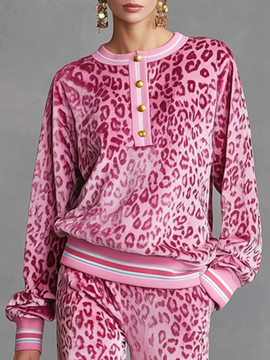 Casual Sporty Retro Pink Velvet Leopard Print Sweatshirt And Wide-Leg Pants Set