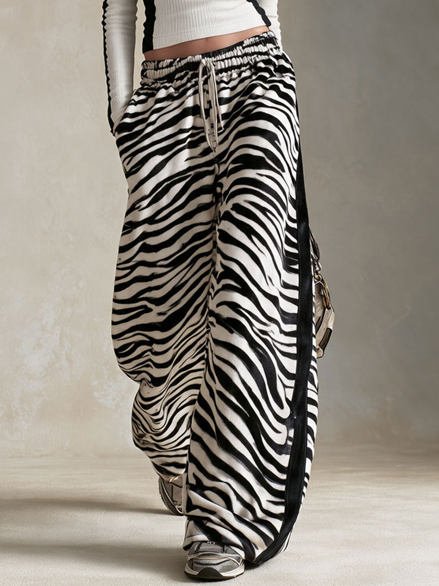 Casual Retro Black And White Color-blocked Zebra Print Faux Suede Pants