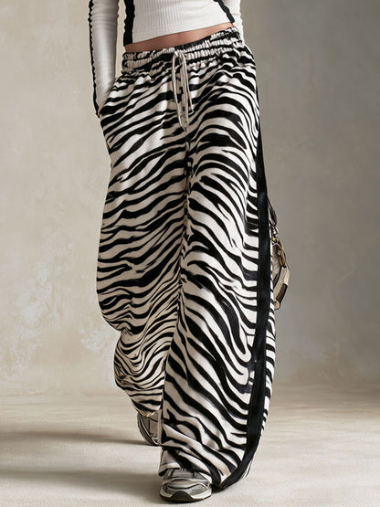 Casual Retro Black And White Color-blocked Zebra Print Faux Suede Pants