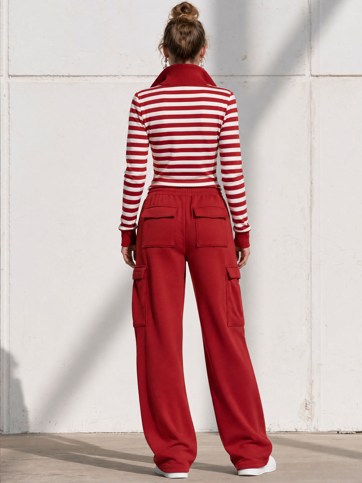 Fashionable Sporty Striped Sweatshirt And Red Cargo Pants Set With Half-zip