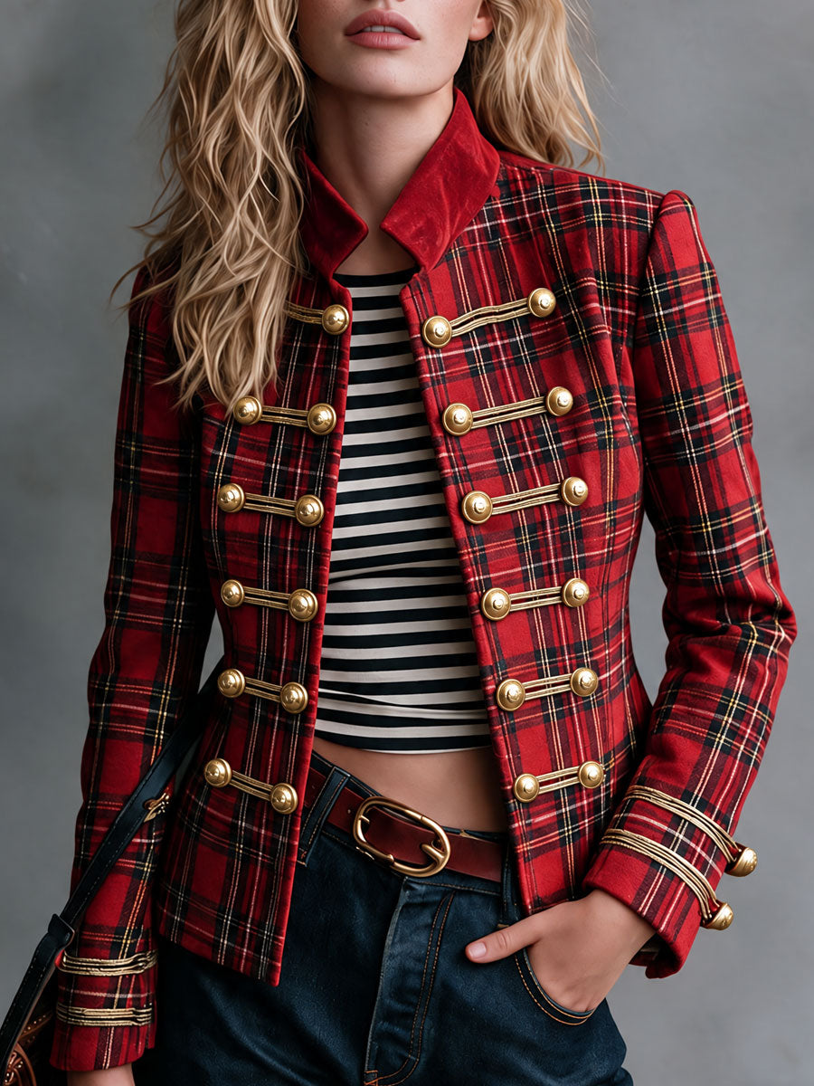 Retro Red Plaid Frog Button Faux Suede Jacket