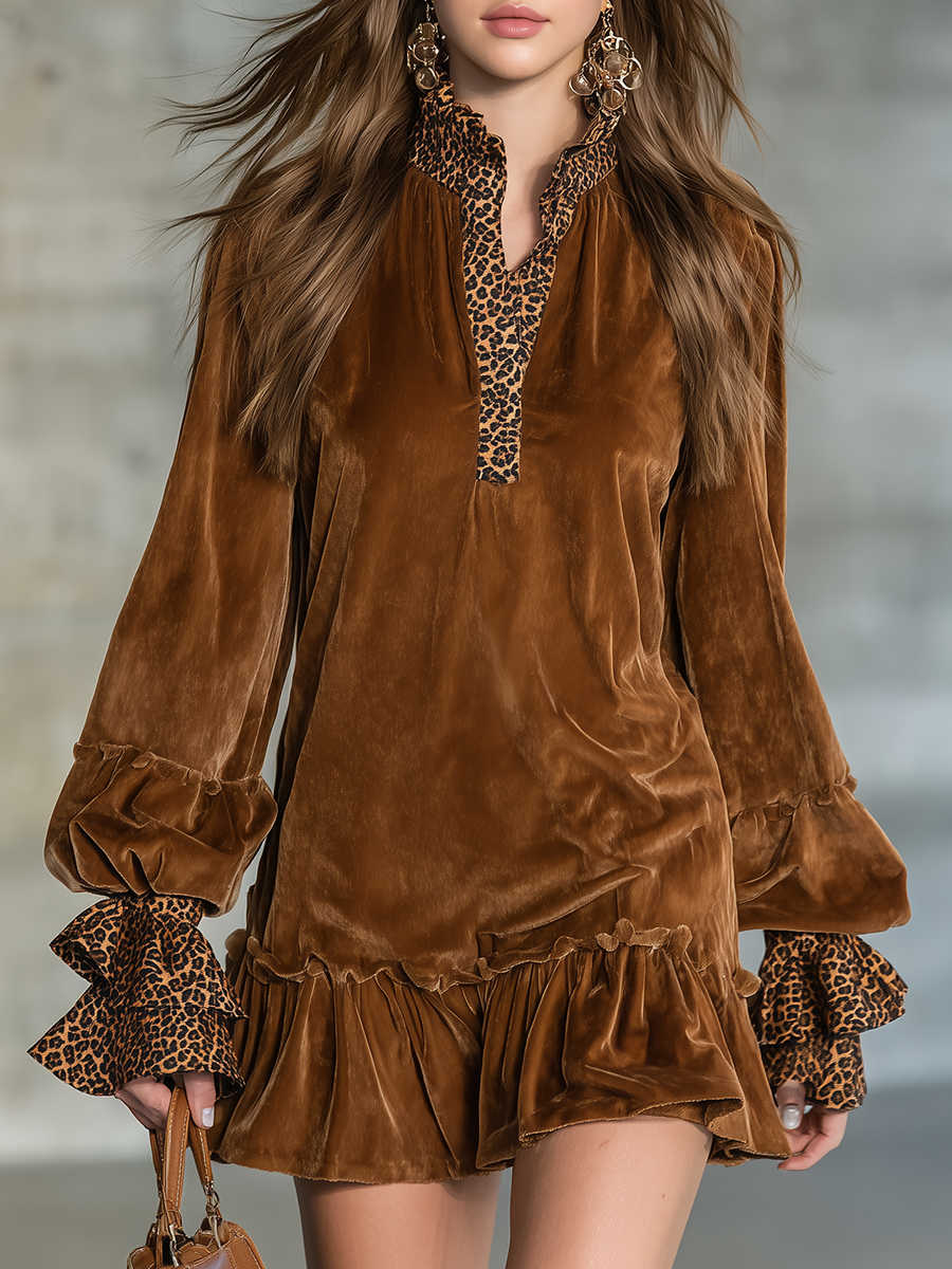 Stylish Retro Leopard Print And Velvet Patchwork Mini Dress