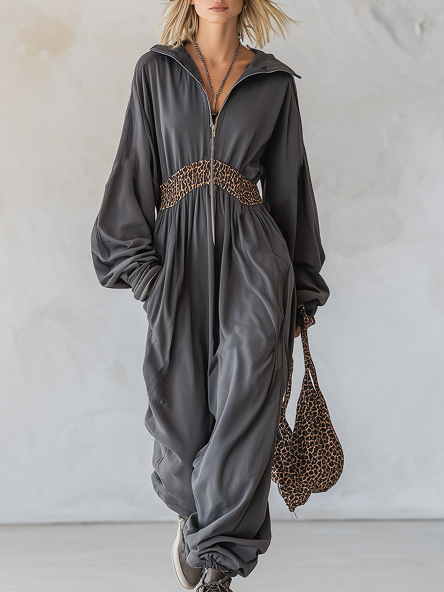Casual Fit Leopard Print Trim Dark Gray Cotton Athletic Jumpsuit