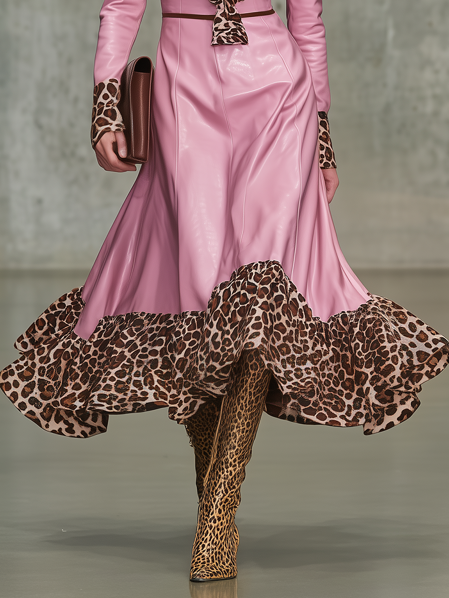 Retro Leopard Print Ruffled V-neck Faux Leather Midi Dress