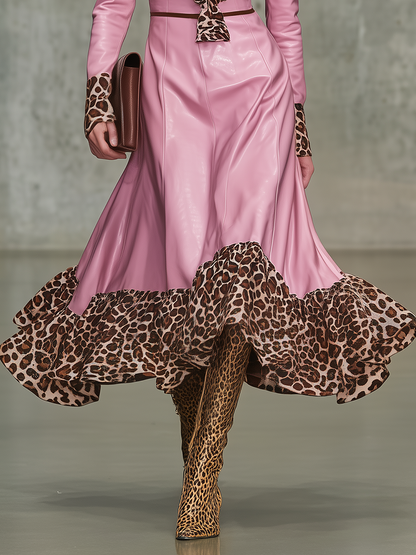 Retro Leopard Print Ruffled V-neck Faux Leather Midi Dress