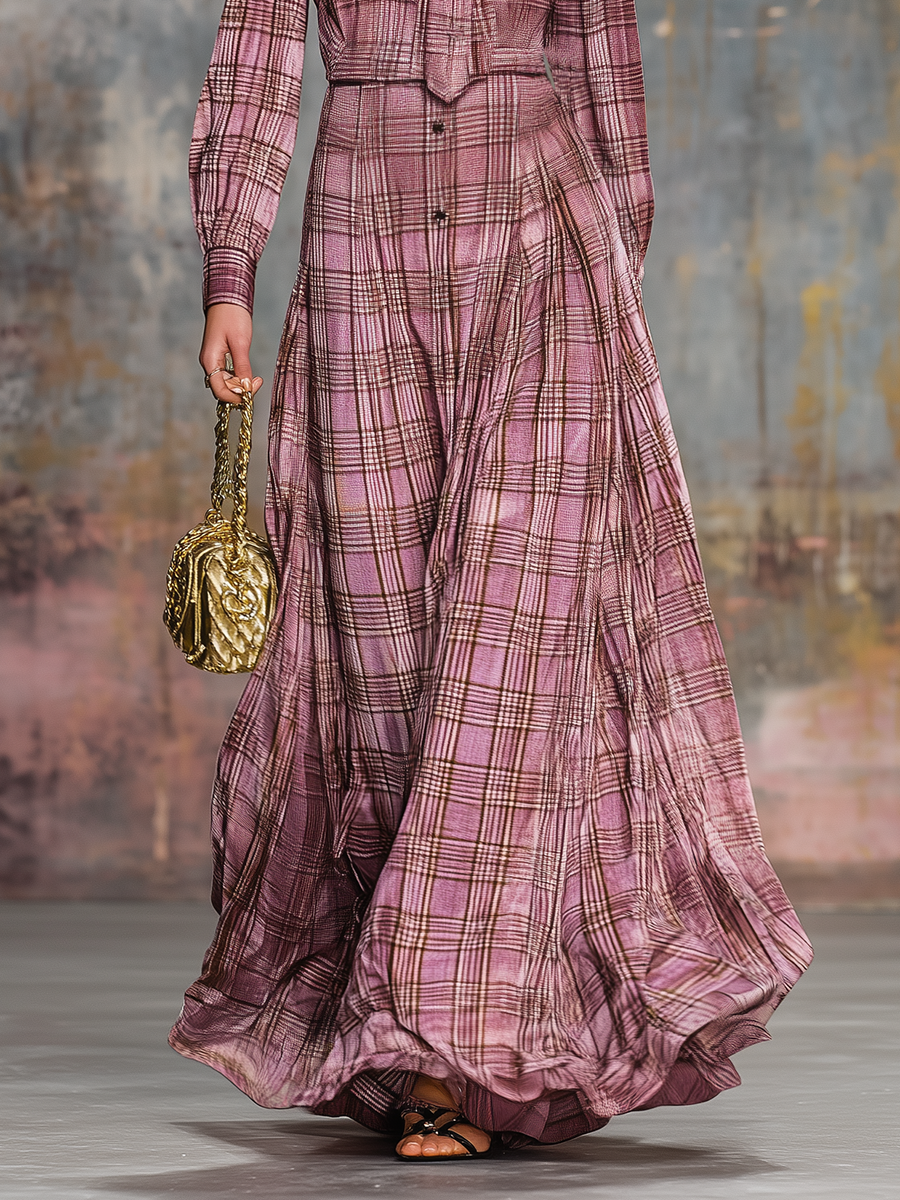Retro Plaid Printed Velvet Maxi Dress