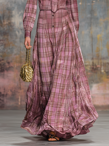 Retro Plaid Printed Velvet Maxi Dress