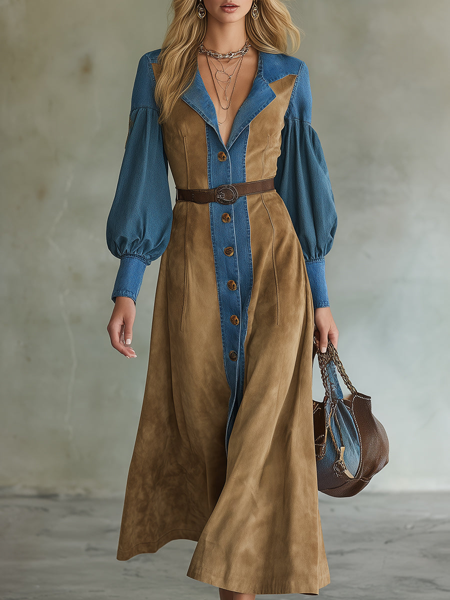 Retro Casual Denim Collar Khaki Faux Suede Maxi Dress