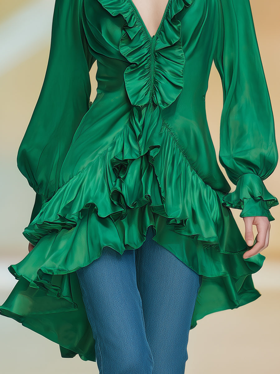 Casual And Stylish Ruffle Trim Green V-neck Satin Mini Dress
