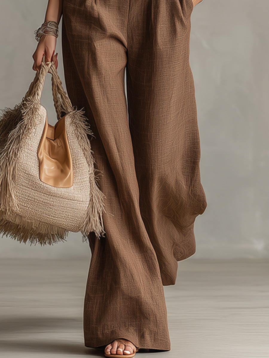 Classic Piped Brown Cotton And Linen Vest And Wide-leg Trousers Set