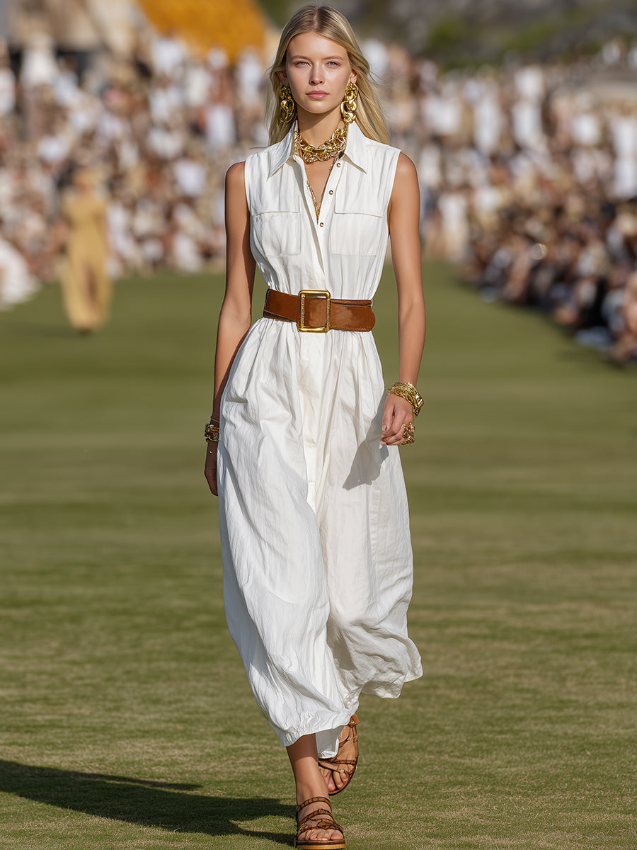 Casual Western Sleeveless White Cotton Linen Jumpsuit