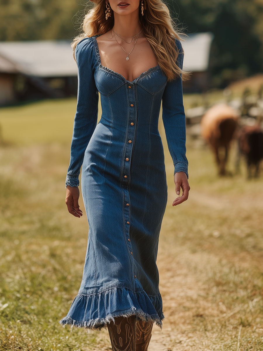 Western Retro Long-Sleeved Blue Denim Frayed Midi Dress