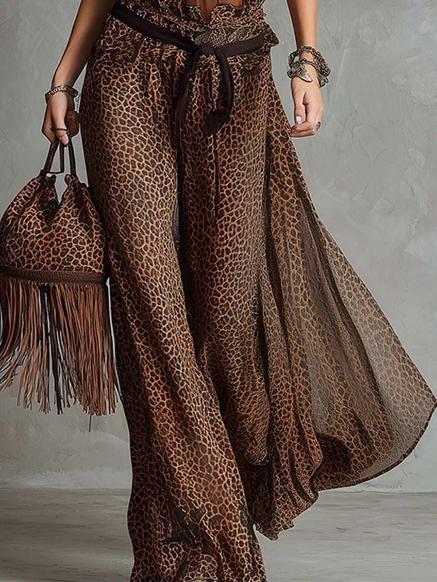 Retro Urban Style Brown Chiffon Halter Top And Leopard Print Wide-leg Pants Set