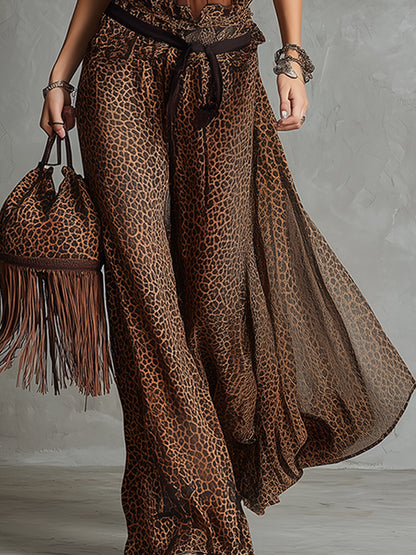 Retro Urban Style Brown Chiffon Halter Top And Leopard Print Wide-leg Pants Set