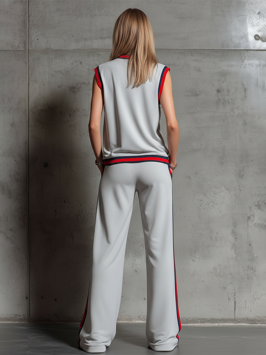 Retro Sporty Style Sleeveless T-shirt With Contrasting Trim And Wide-leg Pants Set