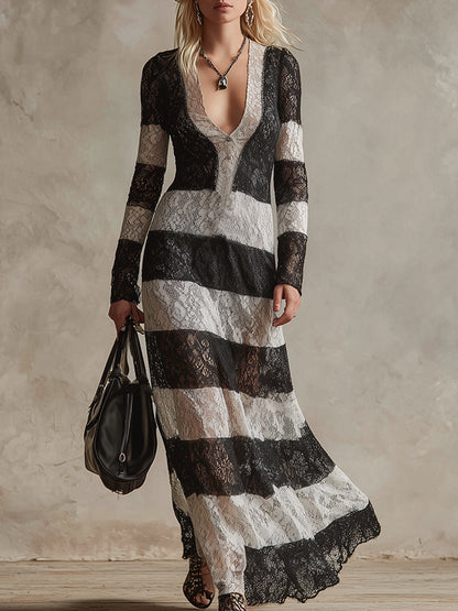 Chic Retro Black And White Lace Striped Maxi Dress