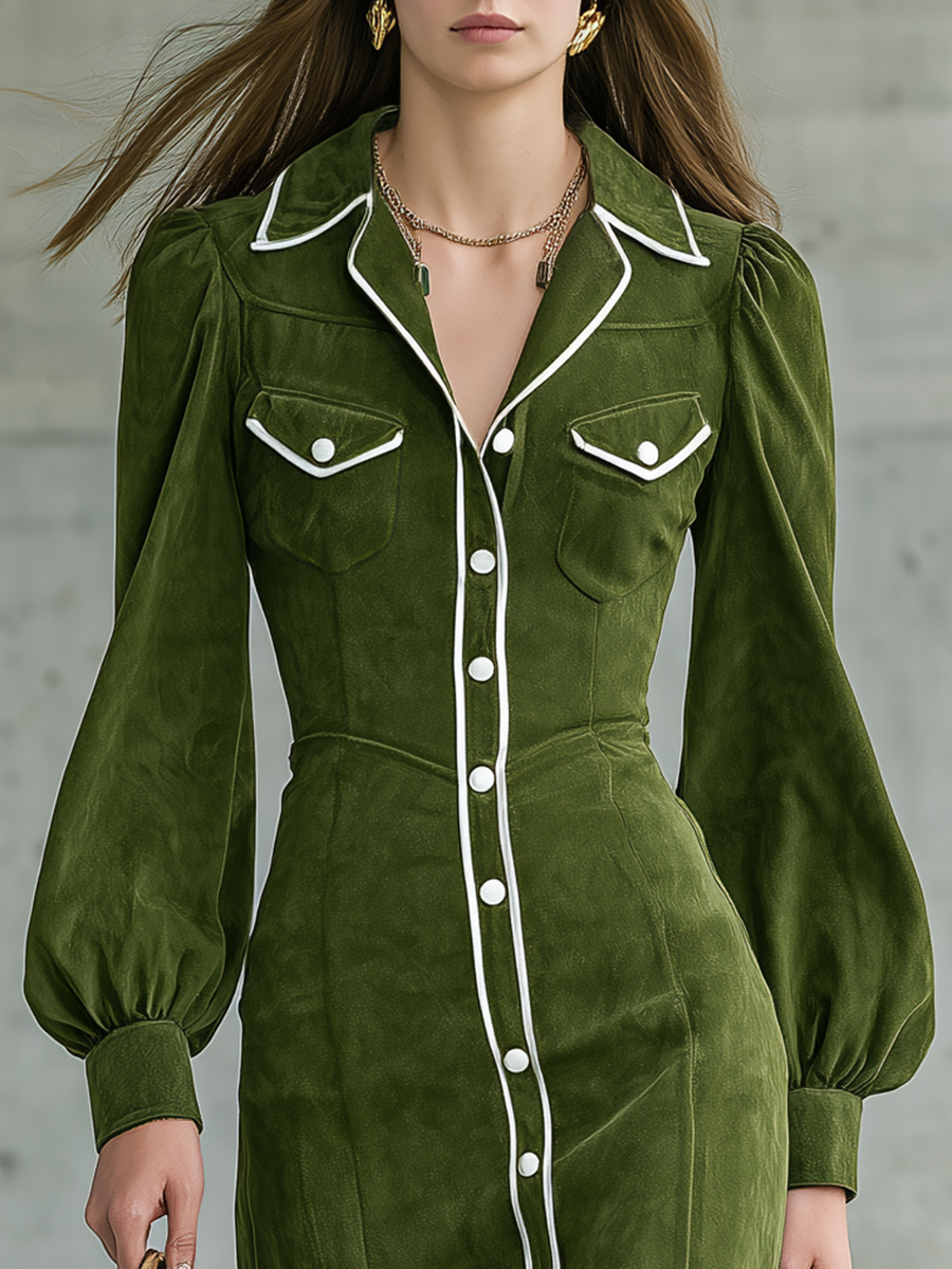 Retro Western-style Contrasting Color Trim Faux Suede Midi Dress