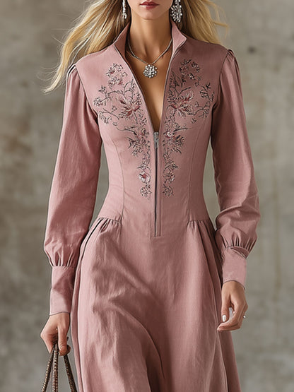 Stand-up Collar Zipper Cotton Linen Embroidered Long-sleeved Maxi Dress