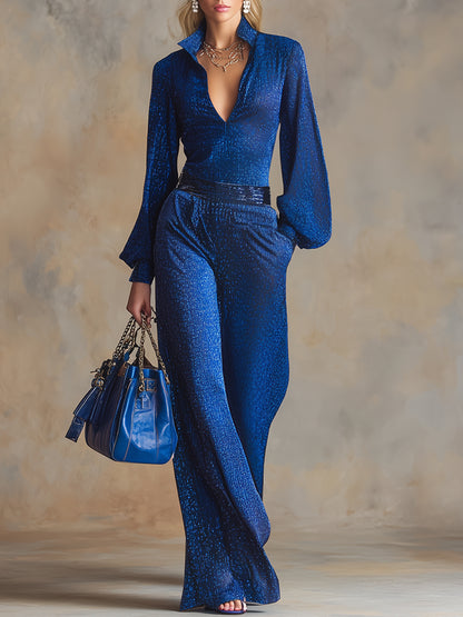 Elegant And Stylish Royal Blue Shimmering Shirt And Wide-leg Pants Set