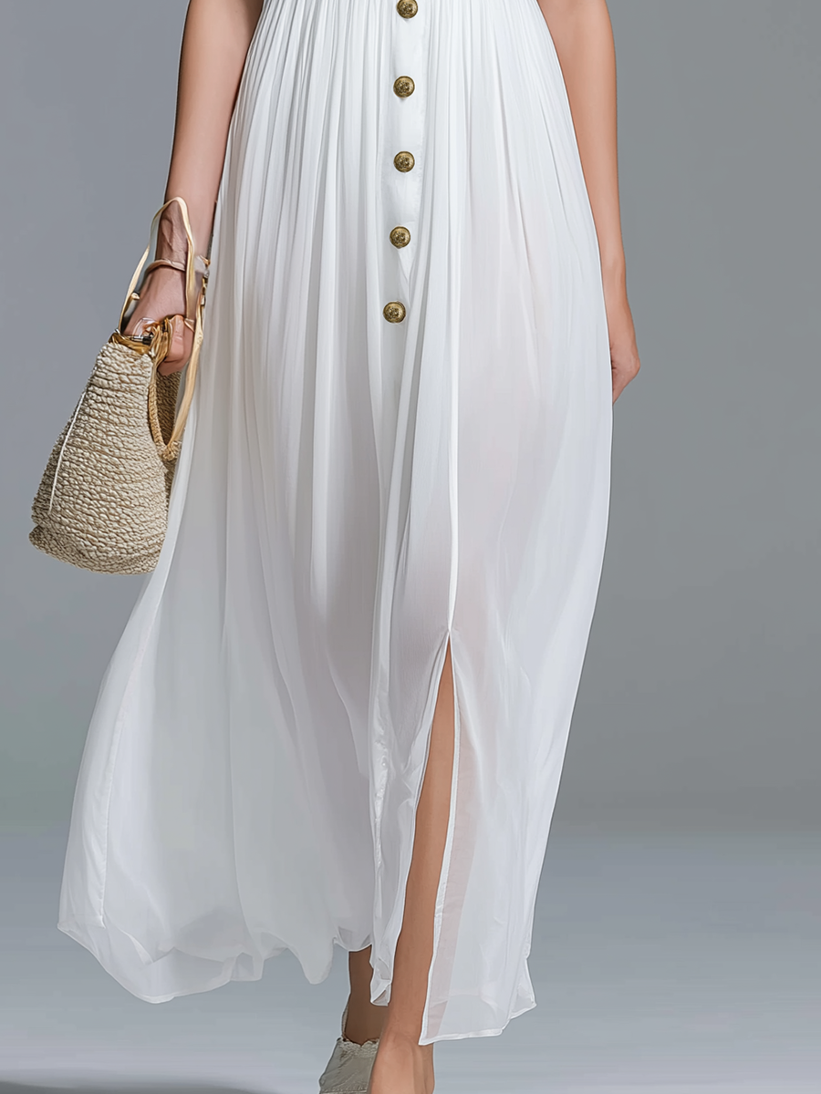Elegant And Beautiful V-neck Wide-shoulder Sleeveless Chiffon Maxi Dress
