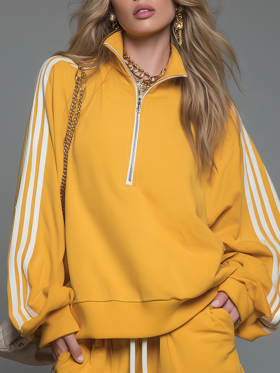 Sporty Casual Collared Zip-up Long-sleeved Top And Shorts Set