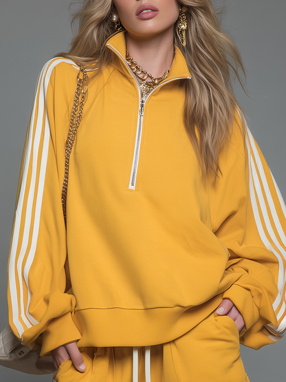 Sporty Casual Collared Zip-up Long-sleeved Top And Shorts Set