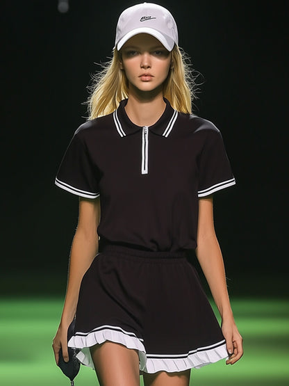 Fashionable Sports White Trim Black Polo Shirt Elastic Waist Mini Dress