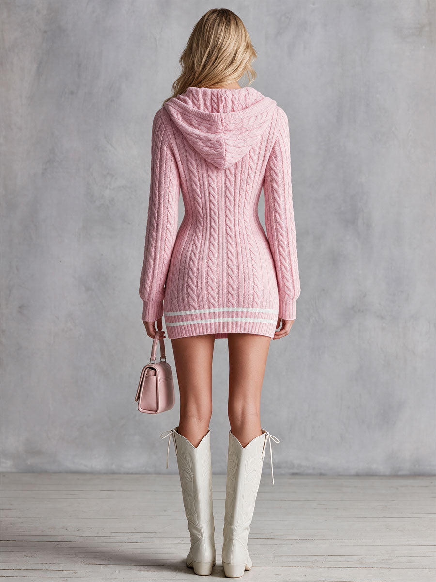 Retro Elegant Pink Hooded V-neck Cable Knit Mini Dress