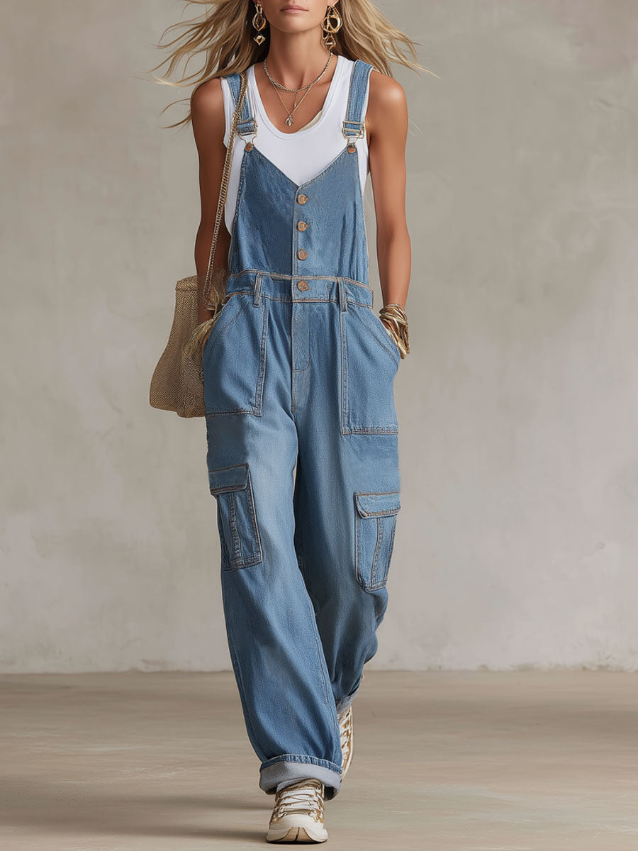 Multi-pocket Adjustable Strap Button Overalls