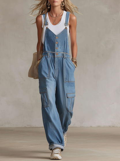 Multi-pocket Adjustable Strap Button Overalls