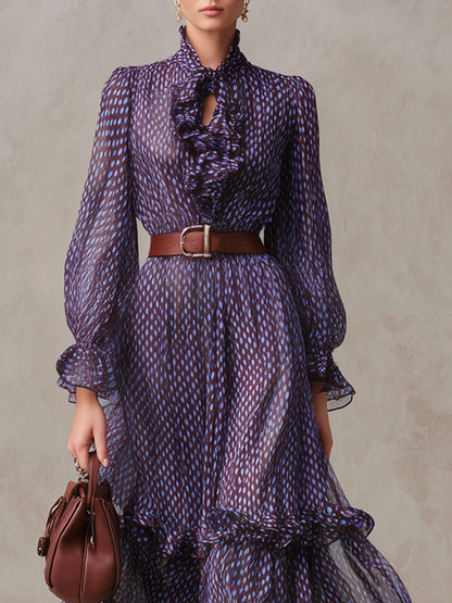 Fashionable Retro Geometric Purple Chiffon Long-sleeved Ruffle Maxi Dress